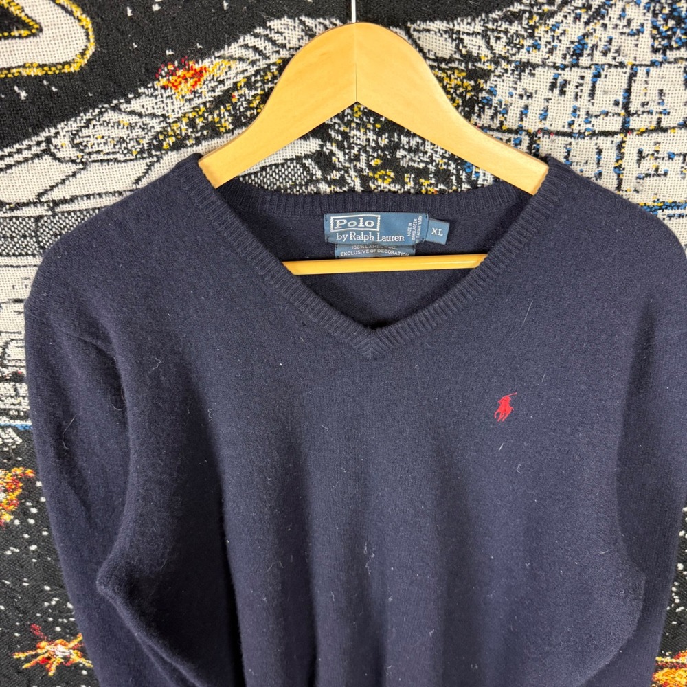 Polo Ralph Lauren Mens XL Navy Blue Lambswool V-Neck Sweater Red Pony Logo